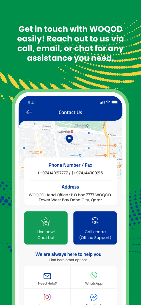 Contact Us page of the WOQOD app featuring a map, phone numbers, and customer support contact options like live chat and WhatsApp