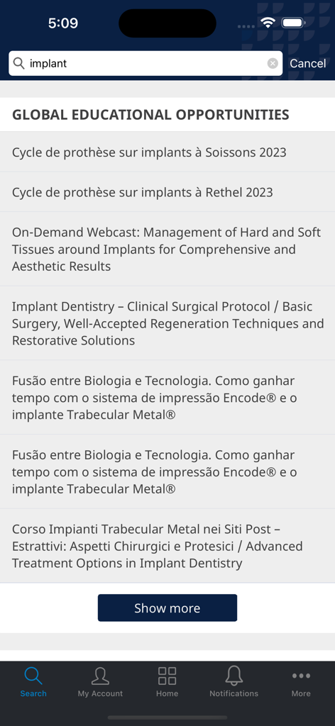 ZimVie Dental Education - Search results screen in the ZimVie Dental Education app showing a list of global dental implant courses and webcasts.