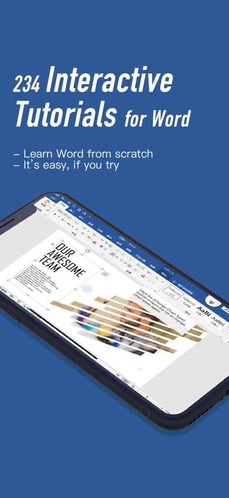 office interactive tutorials - Smartphone displaying an interactive Microsoft Word tutorial about changing chart types