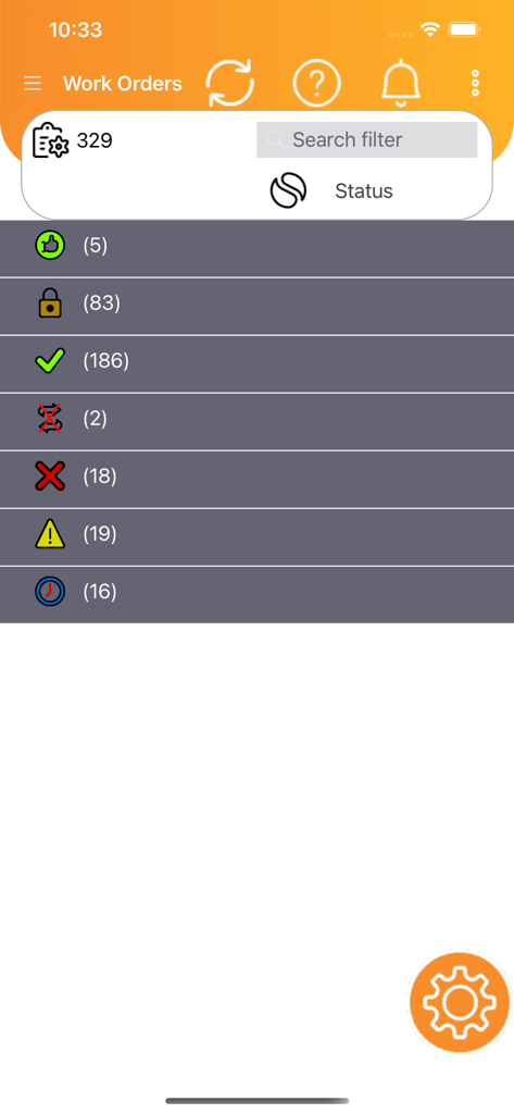 Inigma - Inigma app screen displaying a summary list of work order statuses and their task counts.