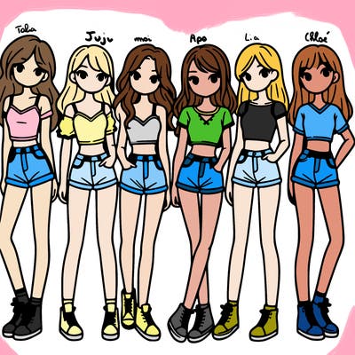 a group of girls wearing crop tops and shorts