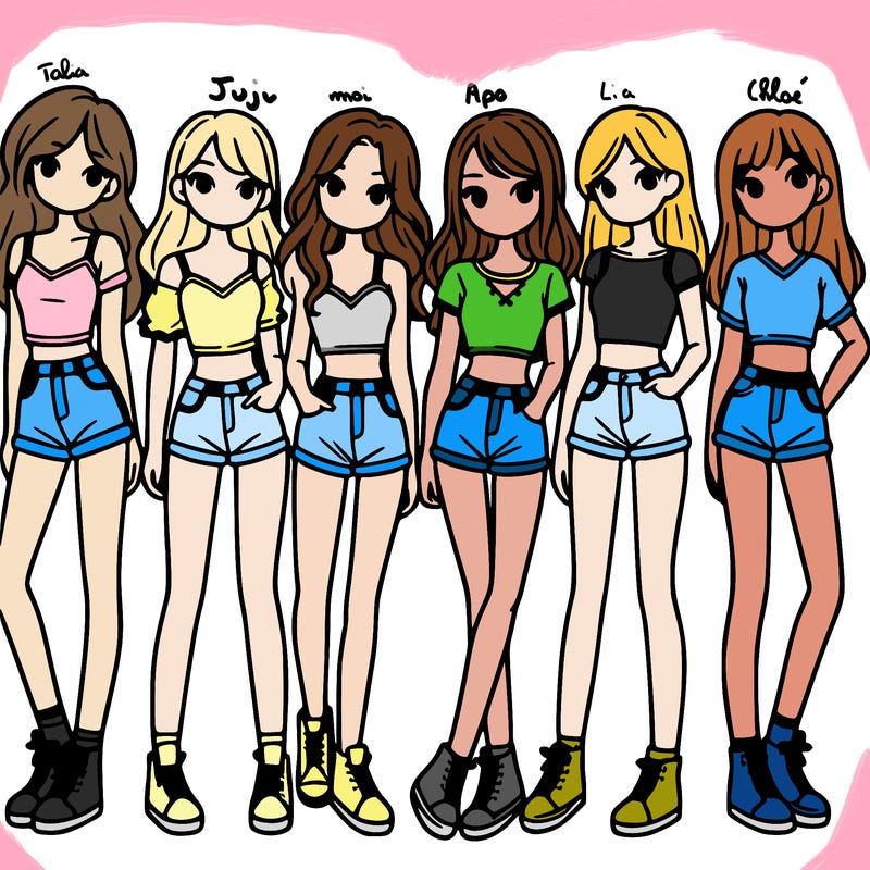 a group of girls wearing crop tops and shorts