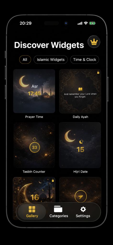 Glassify Widgets & Themes - The discover screen of the Glassify app displaying various Islamic and aesthetic widgets like prayer times and daily ayah