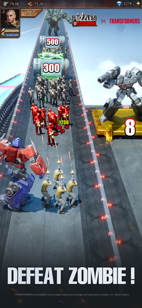 Puzzles & Survival - Optimus Prime and soldiers fighting a zombie horde in Puzzles and Survival