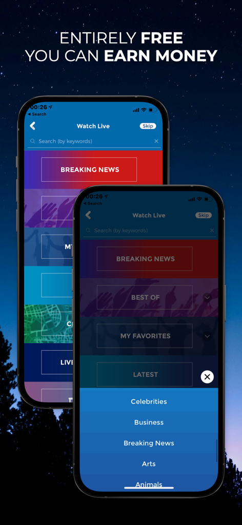 LiveTube mobile app interface displaying breaking news categories and an earn money headline