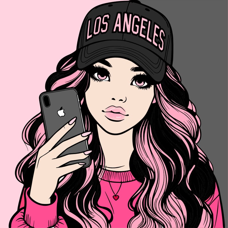 realistic beautiful girl wearing los ángeles cap holding an iphone