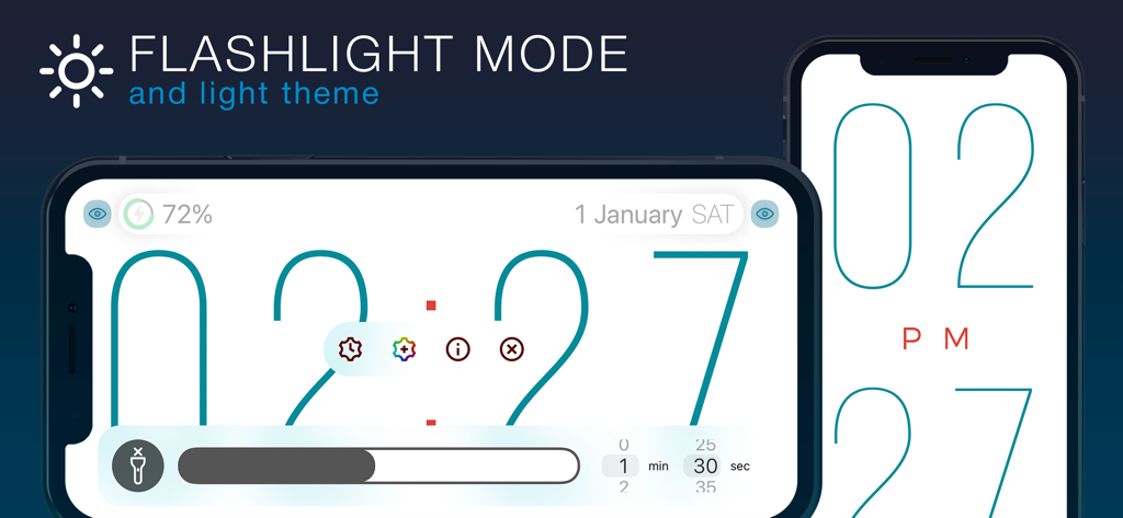 Interface de l'application ClockPhone en thème clair avec mode lampe de poche et grands chiffres numériques
