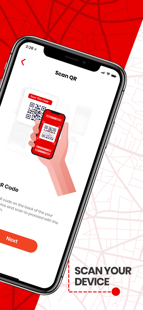 Vodafone Smart Tracker - Schermata dello smartphone che mostra il processo di configurazione della scansione del codice QR per un dispositivo di tracciamento nell'app Vodafone Smart Tracker.