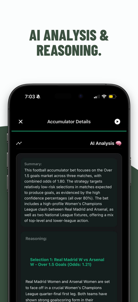 footyAI: Football Predictions - AI analysis and reasoning screen for football accumulator bets in the footyAI app