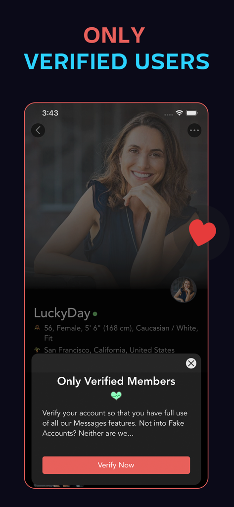 Mature Women Dating - OlderD - Perfil de usuario de una mujer madura en la aplicación OlderD con una solicitud de verificación de seguridad para prevenir cuentas falsas.