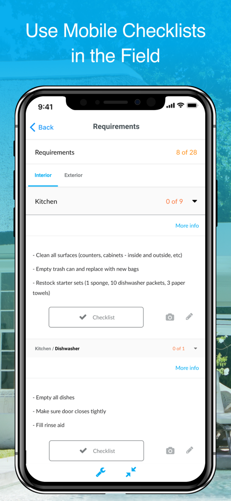 Breezeway: Property Care - Breezeway app screen displaying mobile property cleaning checklists and task requirements.