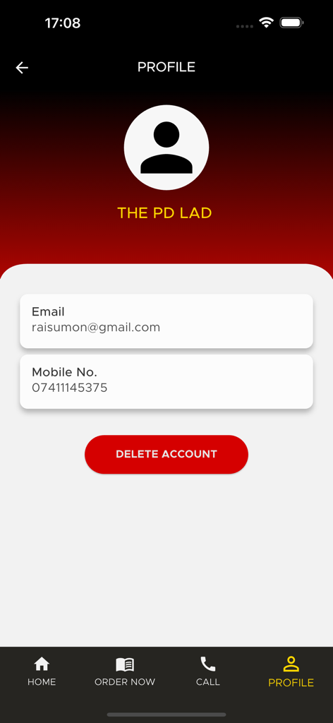 Spice Hut Sunderland - User profile screen of the Spice Hut Sunderland app displaying email and phone number details