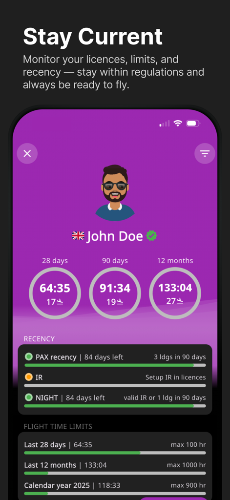 Mobile app dashboard for pilots displaying flight hour totals and recency status for regulatory compliance