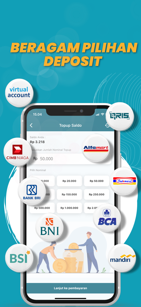 Pantalla móvil que muestra varias opciones de pago de bancos minoristas indonesios para recargar saldo en la aplicación Pulsabayar