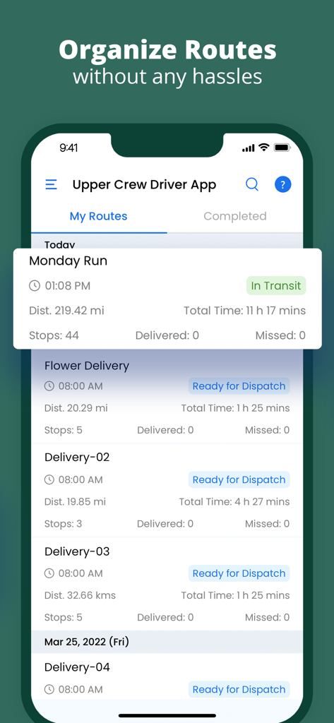 Delivery Driver App by Upper - Interface of the Upper Delivery Driver App showing a list of daily delivery routes with stops and distance details