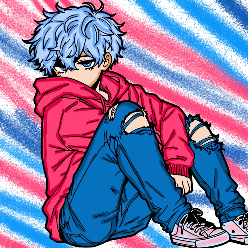 a male hoddie ripped jeans messy hair anime