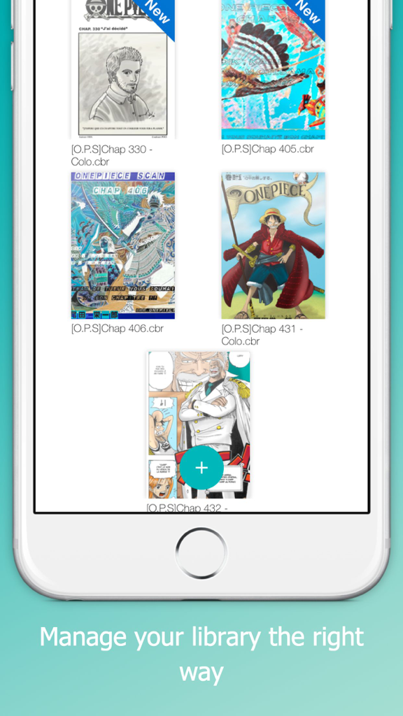 Manga Library, The FREE Manga and Comics Reader: Import your CBZ, ZIP, PDF, RAR, CBR files. - A mobile app screen displaying a library of manga covers like One Piece with file names and new badges