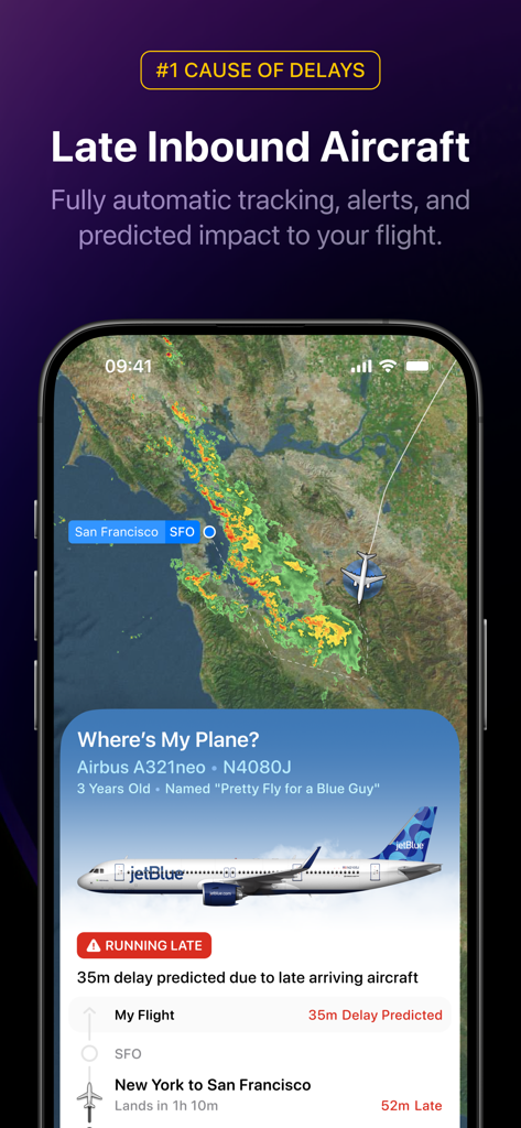 Flighty app interface displaying a delay prediction for a late inbound aircraft with a live weather radar map.
