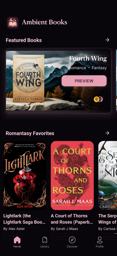 Ambient Books: Video Novels - The home screen of the Ambient Books app featuring Fourth Wing and a selection of popular Romantasy novels