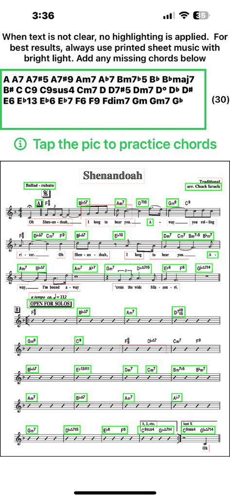 Piano Chord Trainer - Piano Chord Trainer app scanning sheet music and identifying chords for practice