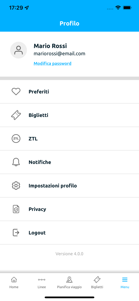 Interfaccia del profilo utente dell'app mobile Bresciapp che mostra le impostazioni dell'account e le opzioni del menu