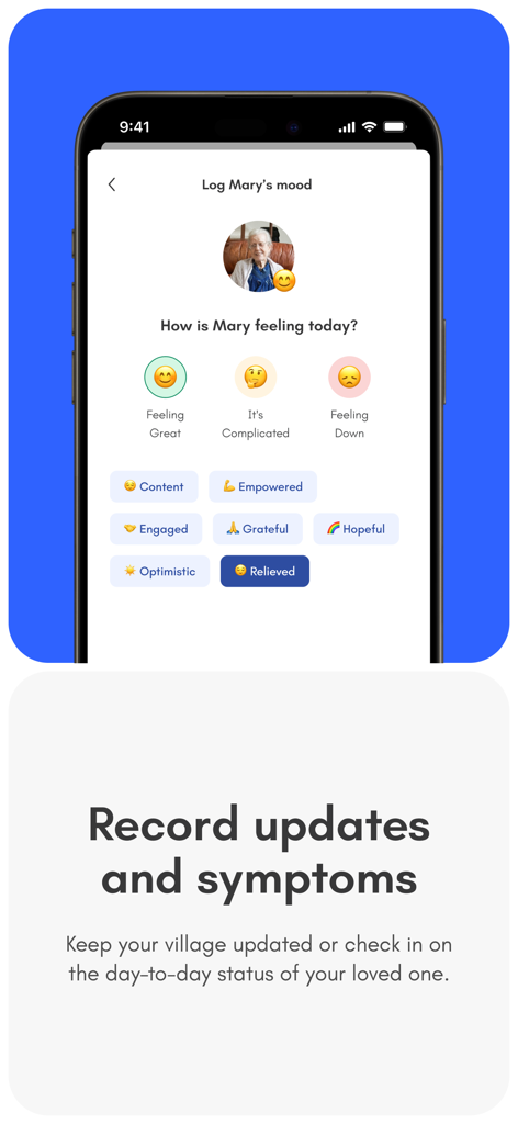 Caring Village - A mobile app screen for logging an elderly person's daily mood and wellness updates using emojis and descriptive tags.