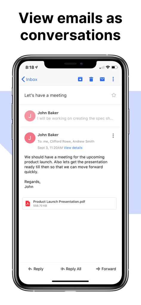 A smartphone screen displaying an email conversation thread in the Titan Email app.