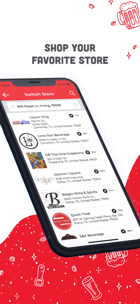 BottleRover app screen showing a list of nearby liquor stores for alcohol delivery