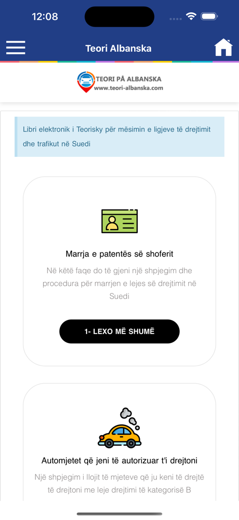 Mobile App-Oberfläche zum Erlernen der schwedischen Fahrtheorie in albanischer Sprache