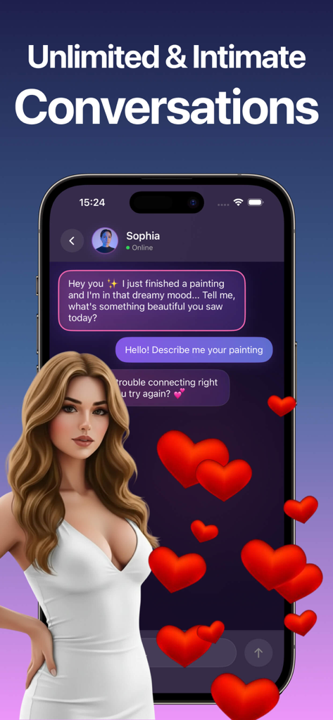 Candy Girl - AI Companion - Uma tela de smartphone exibindo uma conversa de chat com uma companheira de IA chamada Sophia com corações vermelhos flutuantes e um avatar de personagem