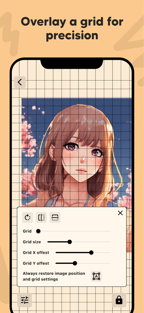 Customizable grid overlay on an anime character for precise drawing and tracing
