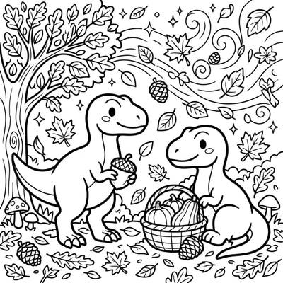 Embrace the cozy vibes of fall with these irresistibly cute Kawaii theropod dinosaurs! This charming coloring page blends the prehistoric with the autumnal, featuring friendly dinos amidst falling leaves and a bountiful harvest.