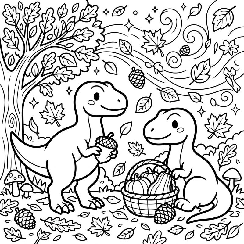 Embrace the cozy vibes of fall with these irresistibly cute Kawaii theropod dinosaurs! This charming coloring page blends the prehistoric with the autumnal, featuring friendly dinos amidst falling leaves and a bountiful harvest.