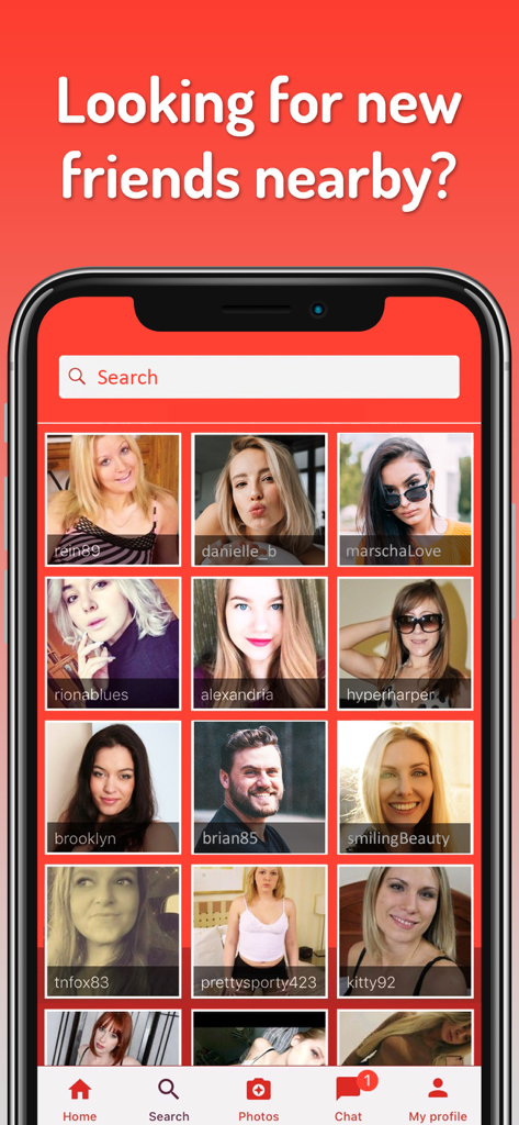 SelfieStar: Chat, Flirt & Date - A grid of user profile pictures on the SelfieStar app search screen