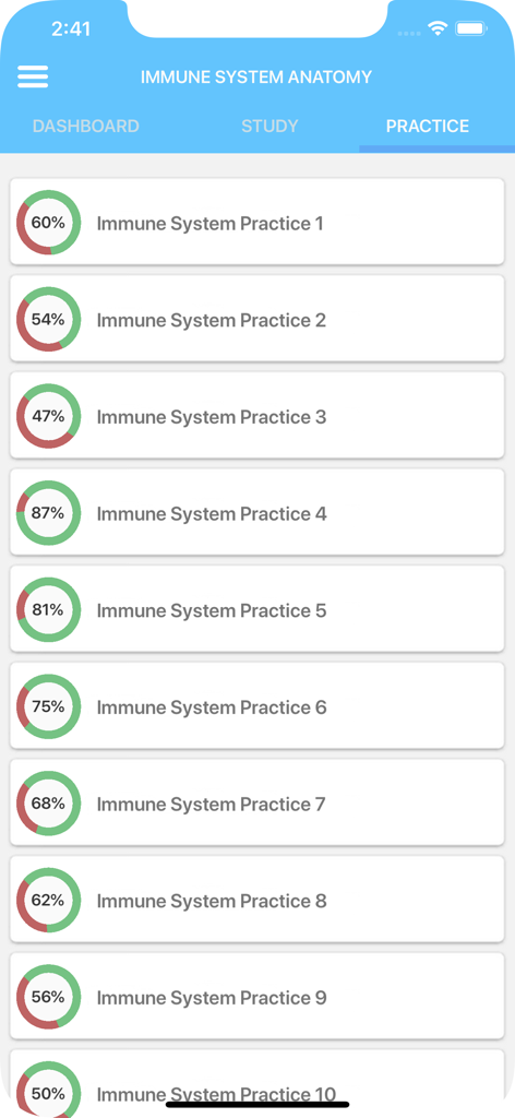 Learn Immune System - A list of immune system practice tests with percentage scores and progress rings.