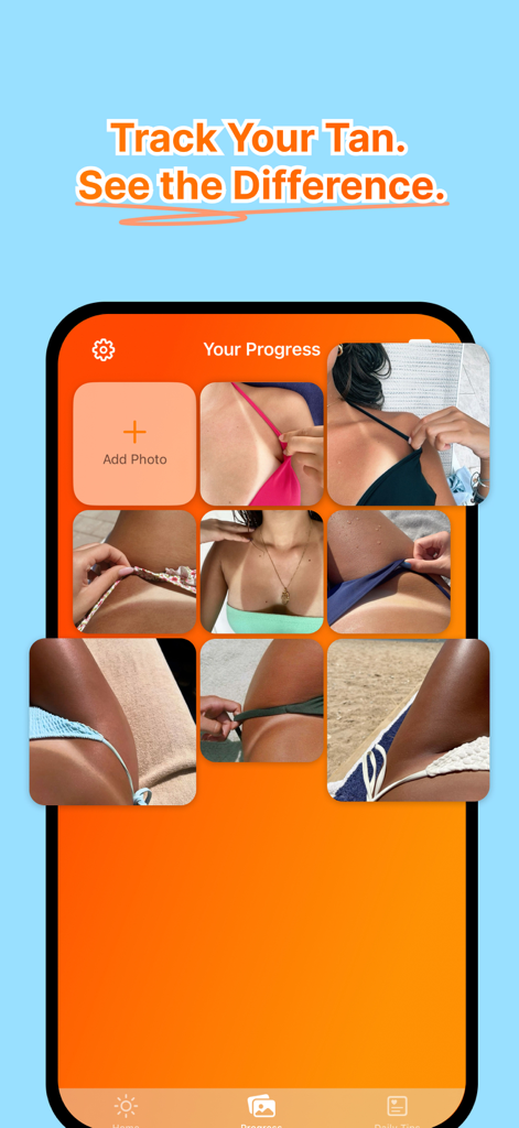 Sunkiss AI - Tan & UV Tracker - Sunkiss AI app screen showing a progress photo gallery of tanning results.
