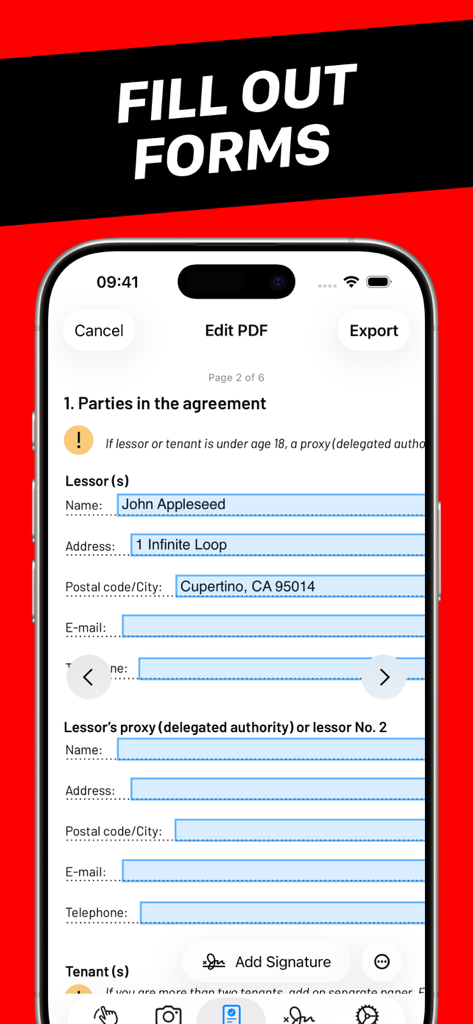 Eine mobile Oberfläche, die zeigt, wie die SigPDF-App zum Ausfüllen eines digitalen PDF-Formulars verwendet wird.