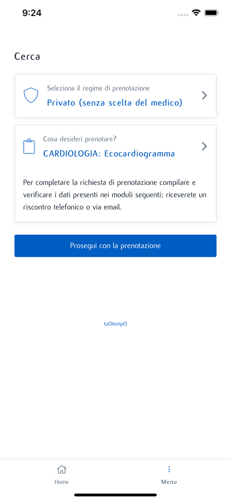Schermata mobile dell'app My IEO per prenotare un appuntamento di cardiologia e un ecocardiogramma