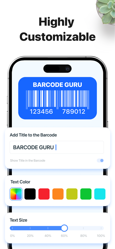 Barcode customization screen with options for custom titles colors and text sizes