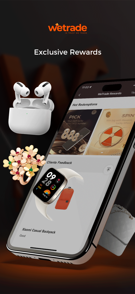 WeTrade-Global Online Trading - A smartphone screen displaying the WeTrade app's exclusive rewards page surrounded by 3D items like earphones and a smartwatch.
