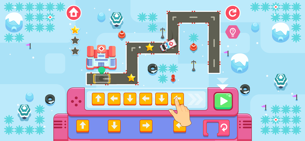 Une interface de codage éducative pour enfants montrant une main arrangeant des flèches directionnelles pour déplacer un véhicule ambulance à travers un niveau enneigé
