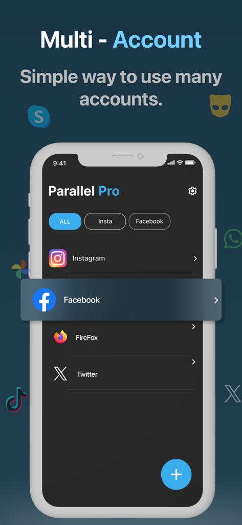 Dual Space - Multi Accounts. - Screenshot of Dual Space app interface for managing multiple social media accounts on iPhone