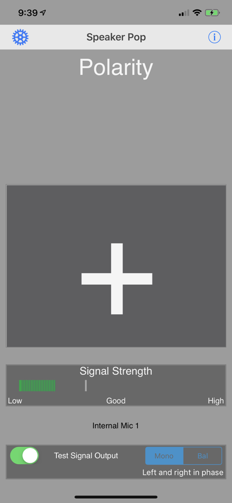 Speaker Polarity - Interface of the Speaker Polarity app showing a large plus sign indicating correct speaker phase along with a signal strength meter.
