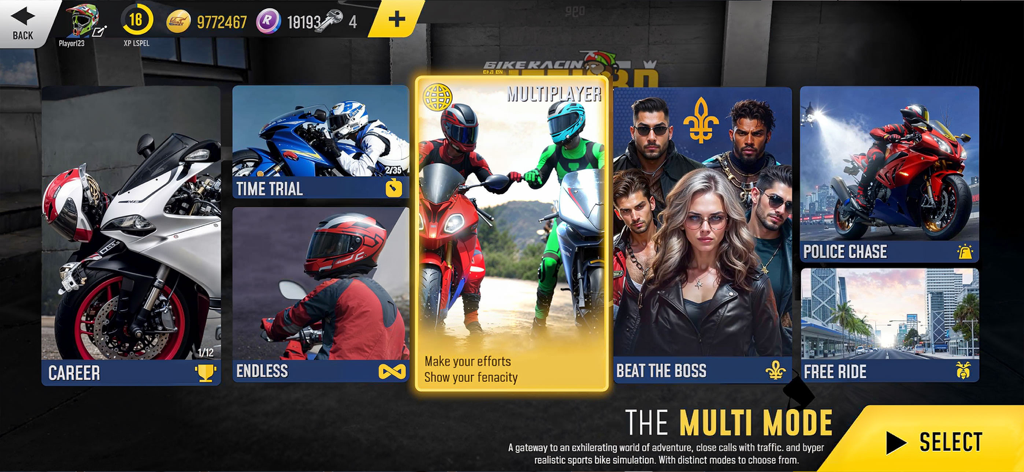 Rider 3D Racing Bike Games - Rider 3D Racing Bike Games menu showing various game modes including multiplayer career and police chase
