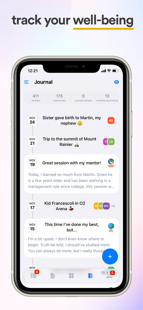 Lunatask app screenshot showing the journal interface with a timeline of personal entries and well-being statistics