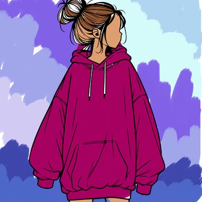 realistic girl with a oversized sweatshirt on and a bun