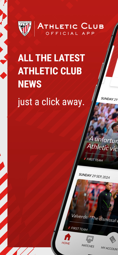 Screenshot of the Athletic Club official app news feed showing the latest club updates and match information