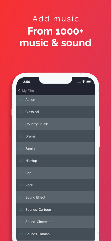 Slideshow with Music Maker App - Interface de l'application de création musicale montrant divers genres musicaux et catégories d'effets sonores pour les diaporamas.