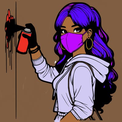 realistic girl with mask spray painting a wall