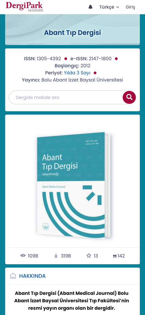 DergiPark Akademik - Abant Medical Journal profile page on DergiPark Akademik app showing journal statistics and information